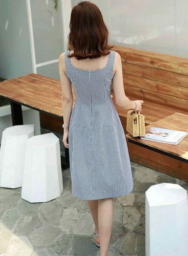 Blue Plaid Sleeveless Dress