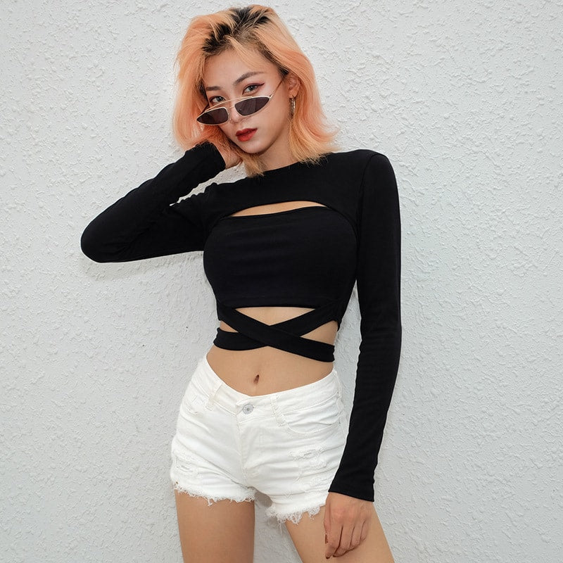Black Long Sleeve Criss Cross Crop Top