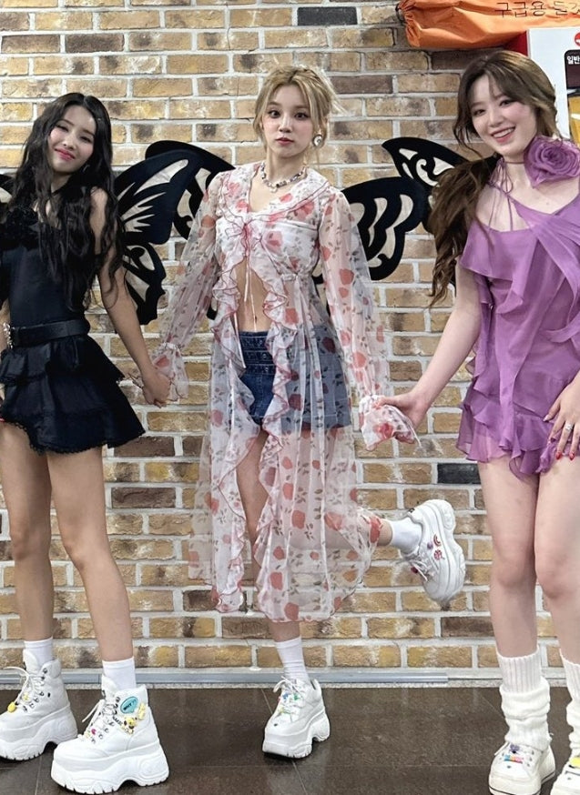 White Floral See-Through Long Cardigan