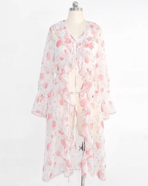 White Floral See-Through Long Cardigan