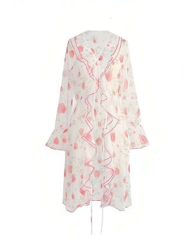 White Floral See-Through Long Cardigan
