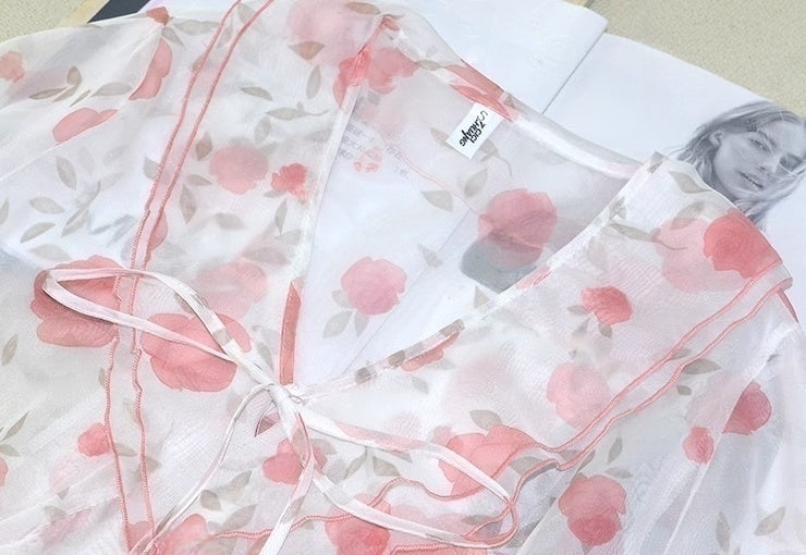 White Floral See-Through Long Cardigan