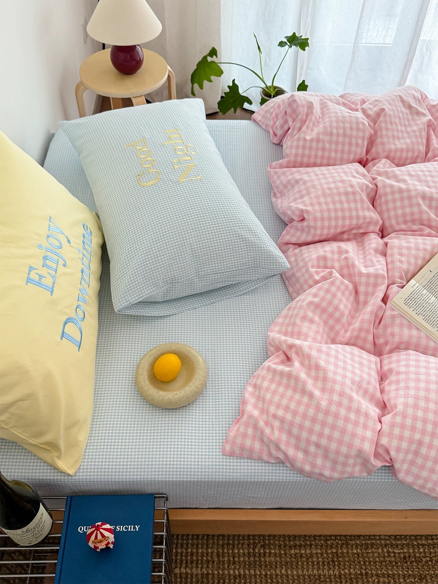 Pastel Creamy Pink Gingham Bedding Set