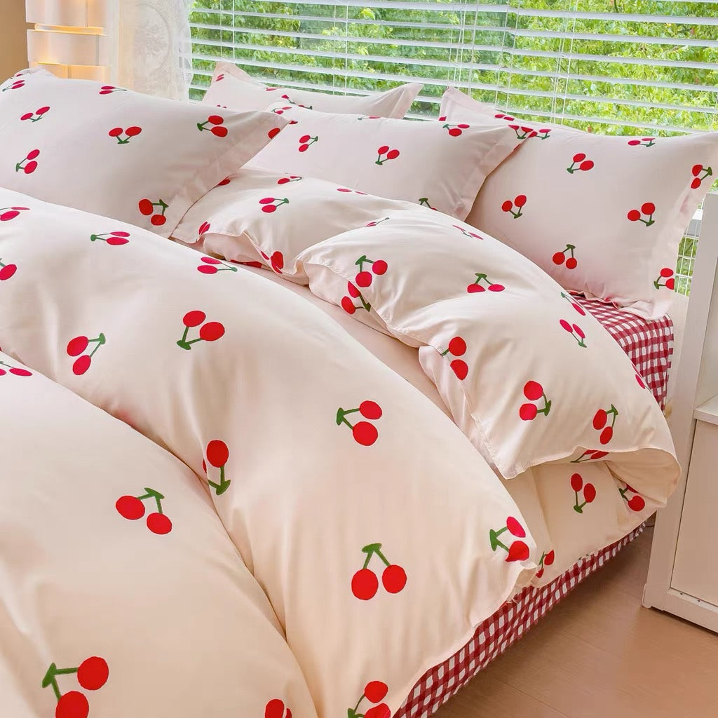 Red Cherry Plaid Bedding Set