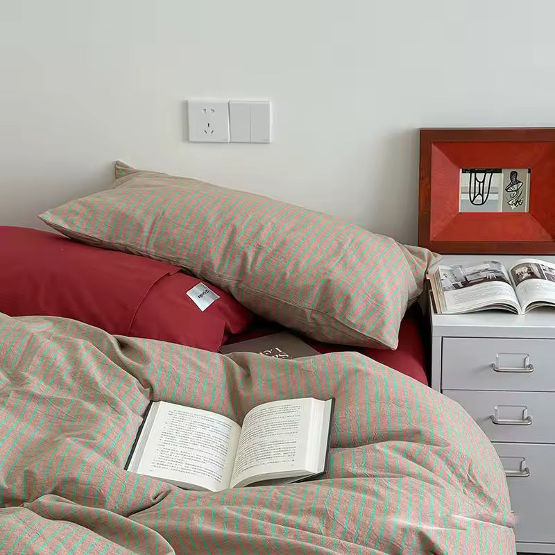 Red & Beige Striped Cotton Bedding Set