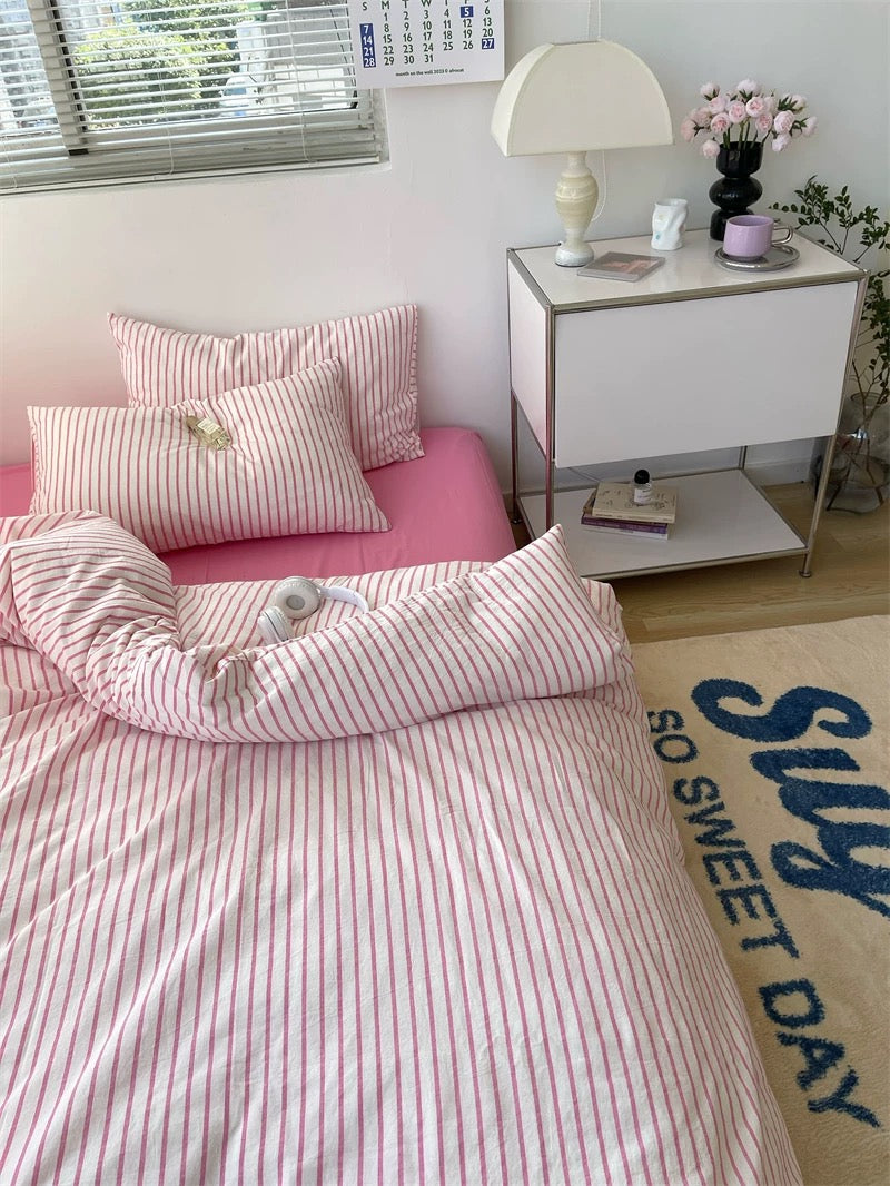 Preppy Aesthetic Pink Striped Duvet Cover Set