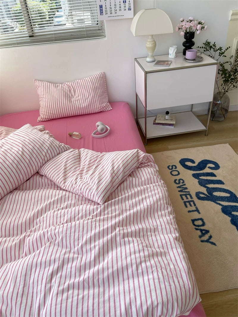 Preppy Aesthetic Pink Striped Duvet Cover Set