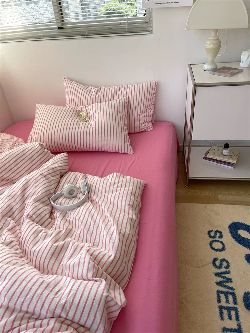 Preppy Aesthetic Pink Striped Duvet Cover Set
