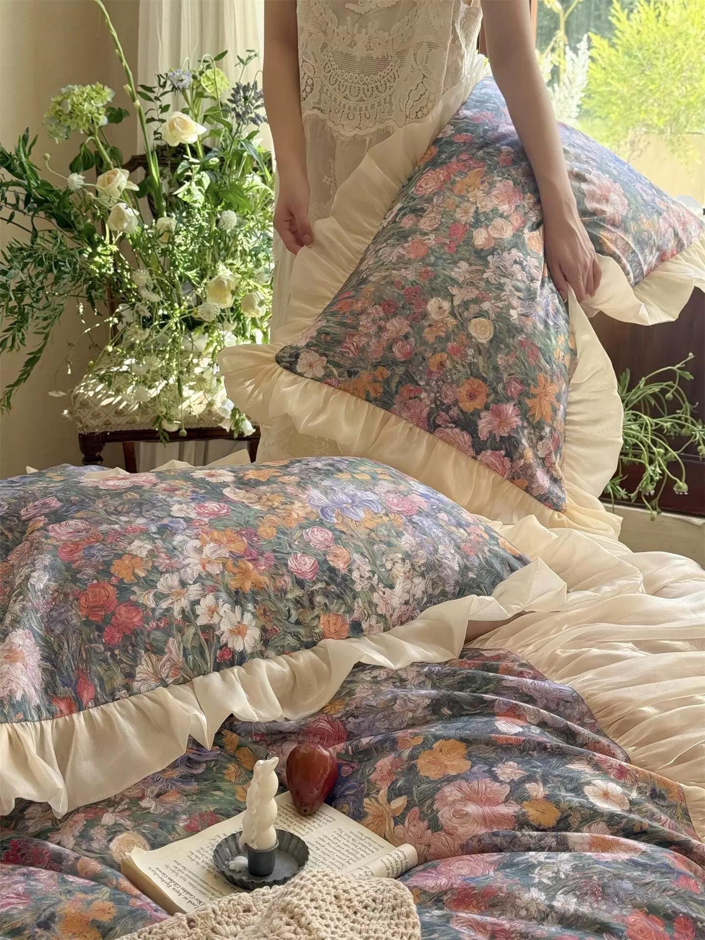 Oil Painting Floral Ruffle Cotton Bedding Set