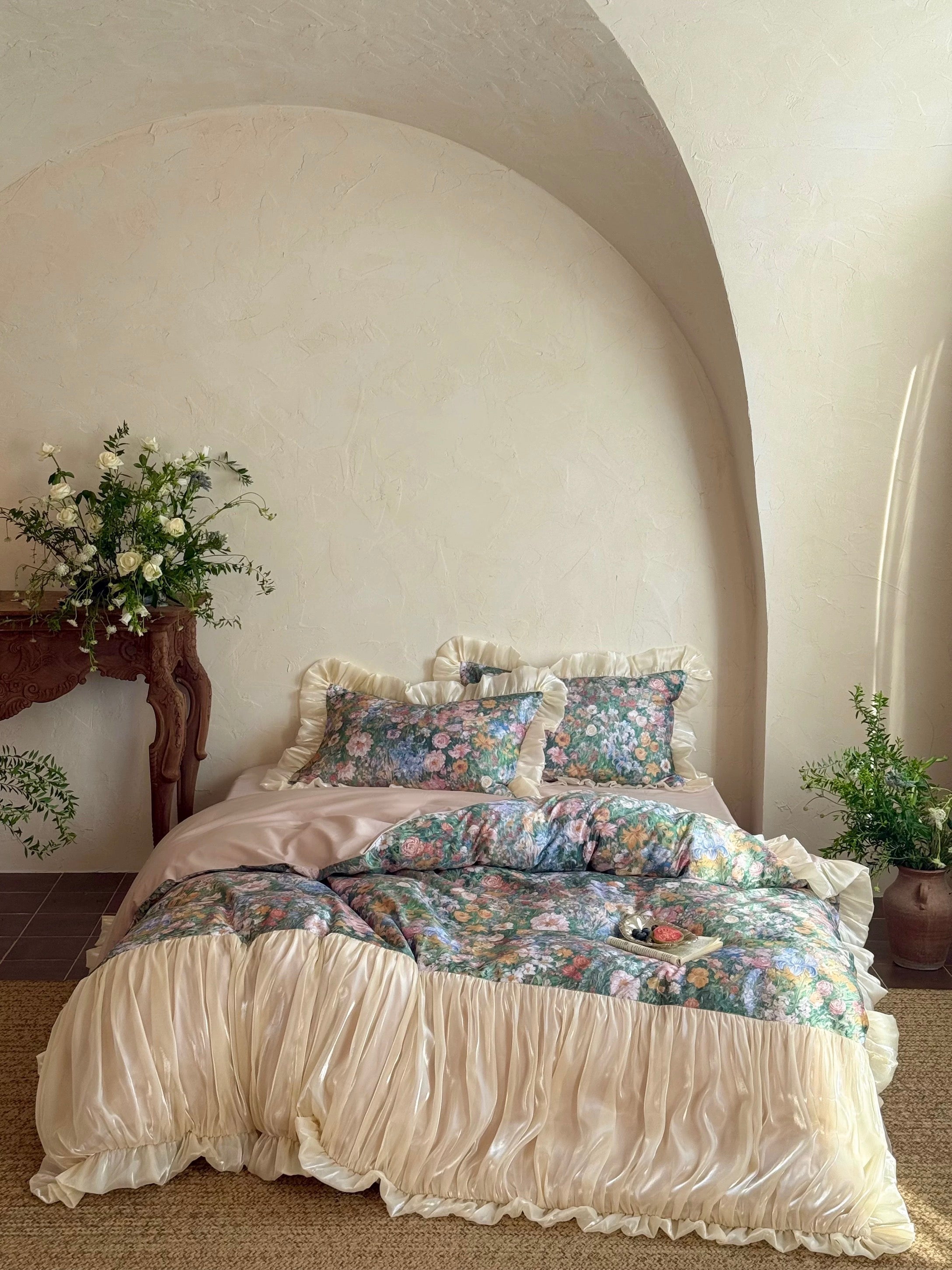 Oil Painting Floral Ruffle Cotton Bedding Set