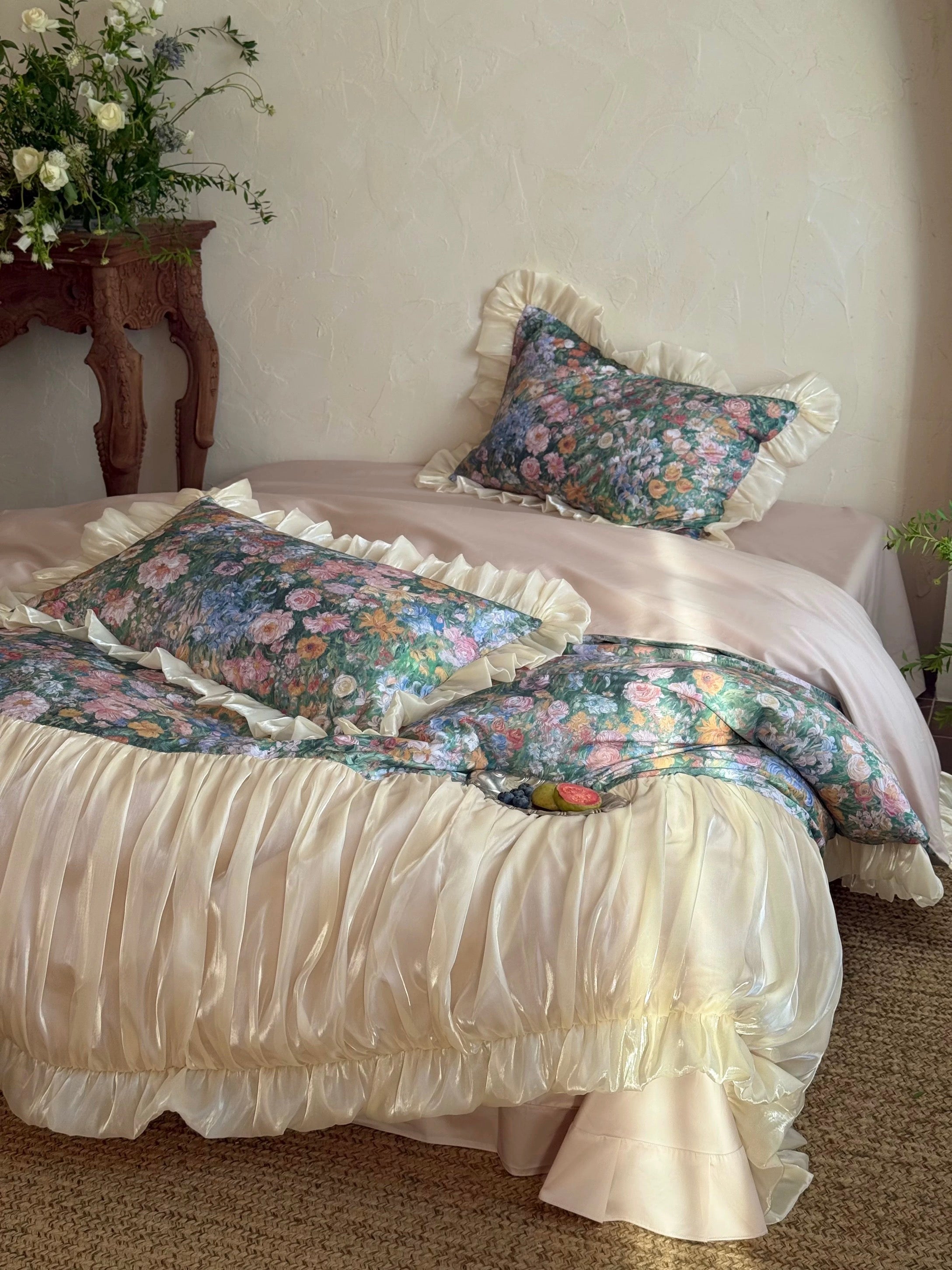 Oil Painting Floral Ruffle Cotton Bedding Set
