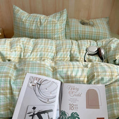 Pastel Green Plaid Cotton Duvet Cover Set
