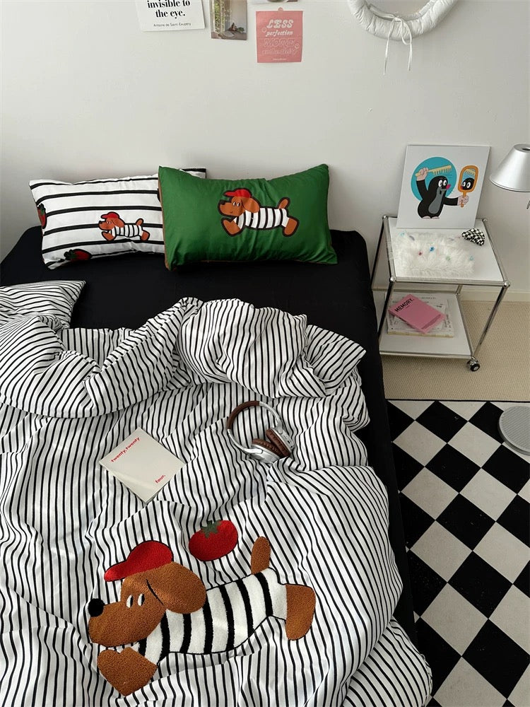 Cartoon Dog Embroidered Bedding Set