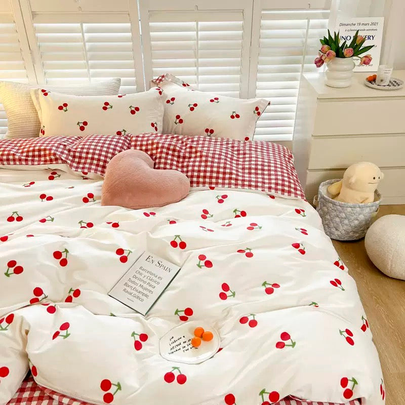Red Cherry Plaid Bedding Set