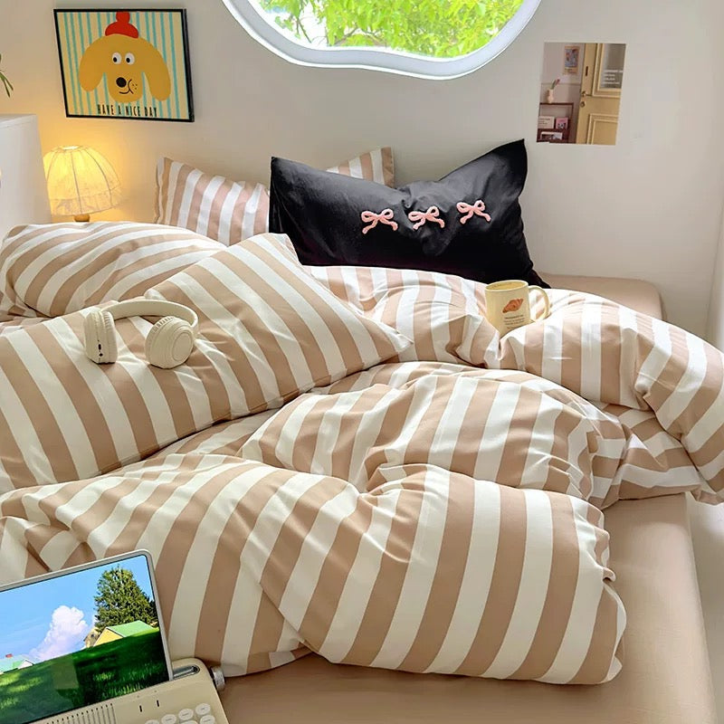 Beige Striped Cotton Bedding Set