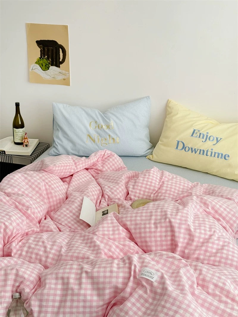 Pastel Creamy Pink Gingham Bedding Set