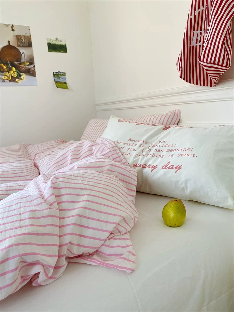 Pink & White Striped Cotton Duvet Cover Set