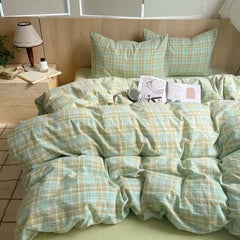 Pastel Green Plaid Cotton Duvet Cover Set