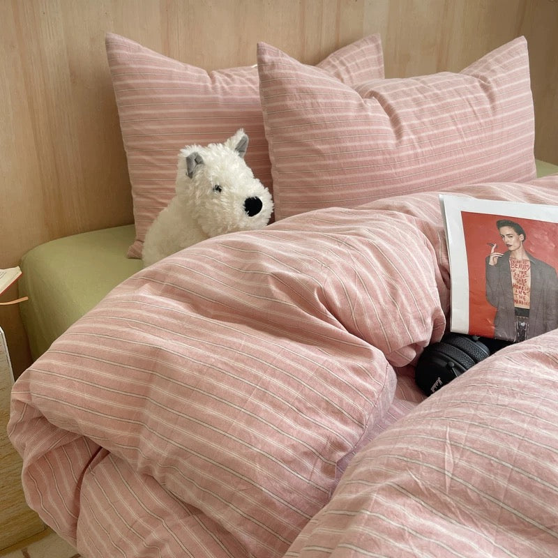 Pastel Pink Striped Cotton Duvet Cover Set