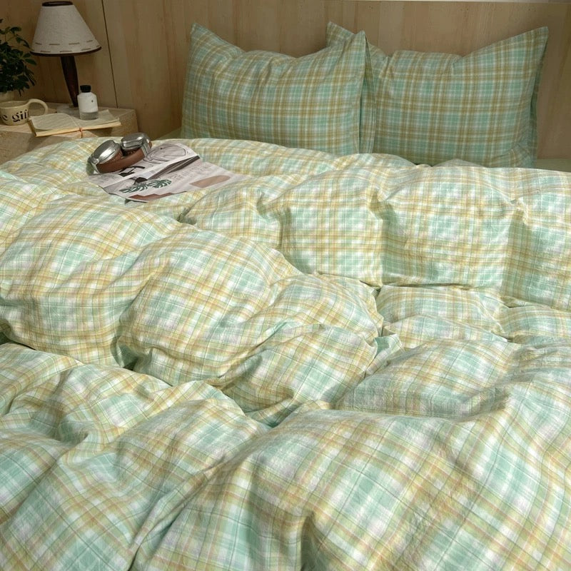 Pastel Green Plaid Cotton Duvet Cover Set