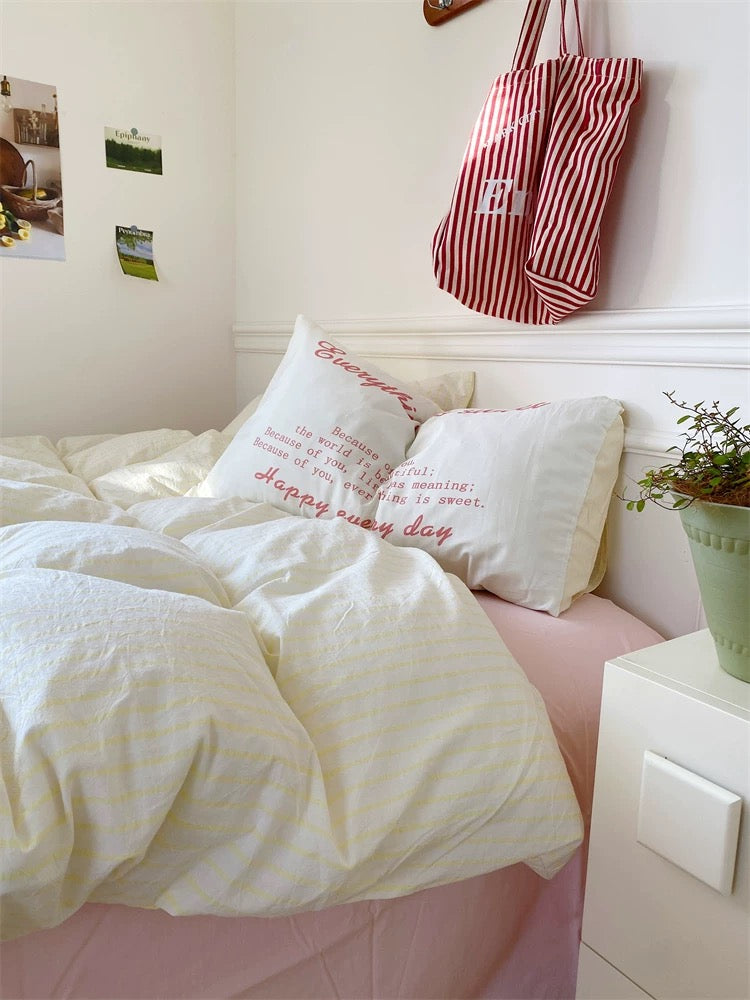 Yellow & Green Striped Cotton Duvet Cover Set
