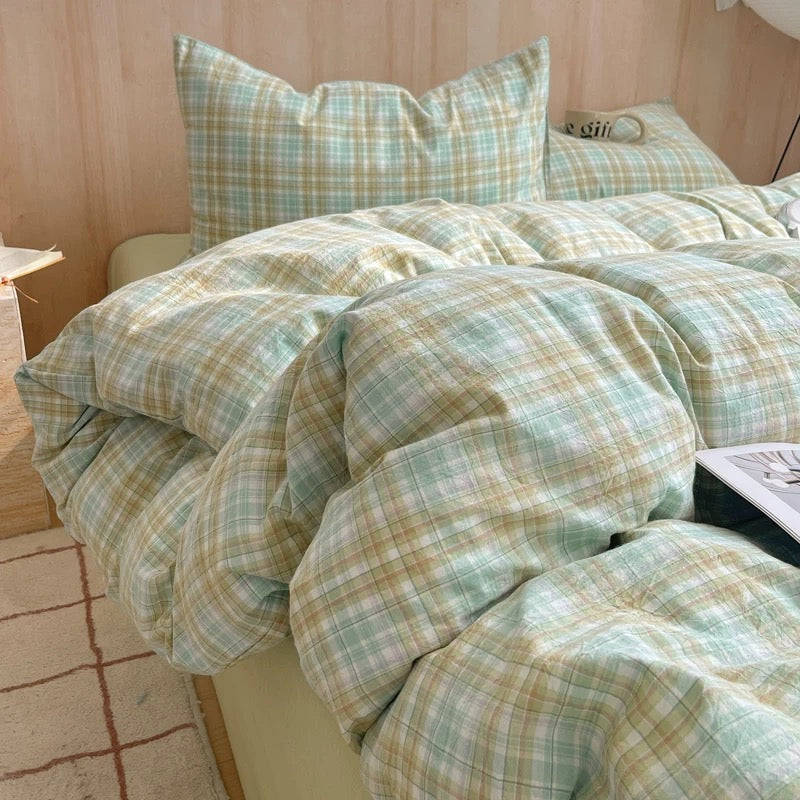 Pastel Green Plaid Cotton Duvet Cover Set