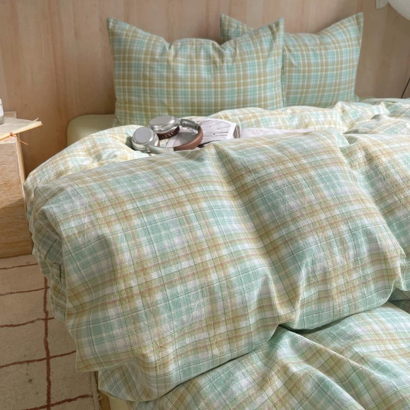Pastel Green Plaid Cotton Duvet Cover Set