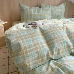 Pastel Green Plaid Cotton Duvet Cover Set