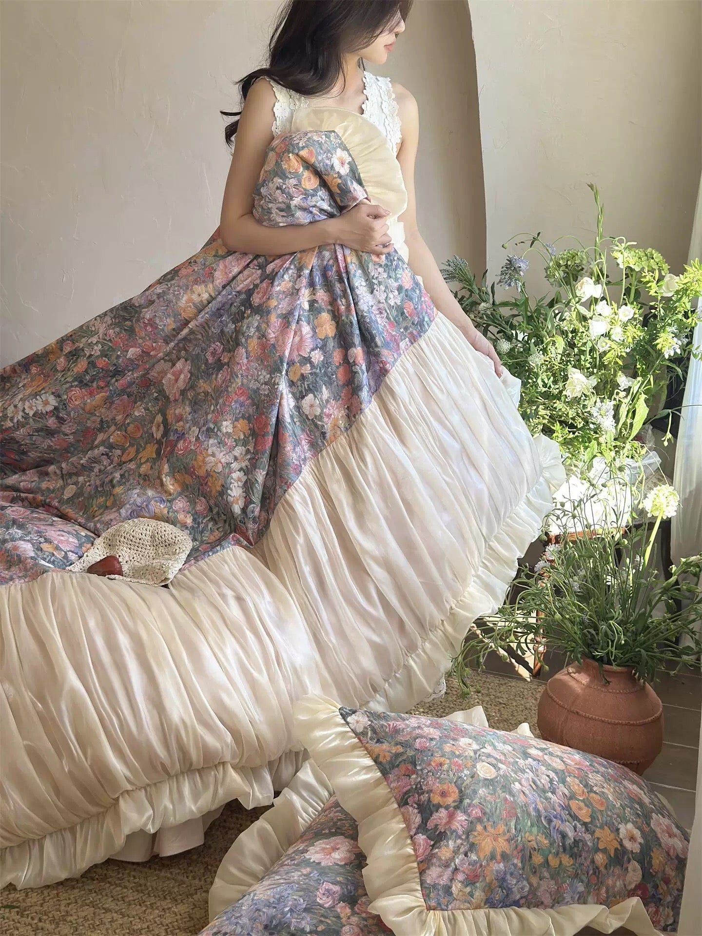 Oil Painting Floral Ruffle Cotton Bedding Set
