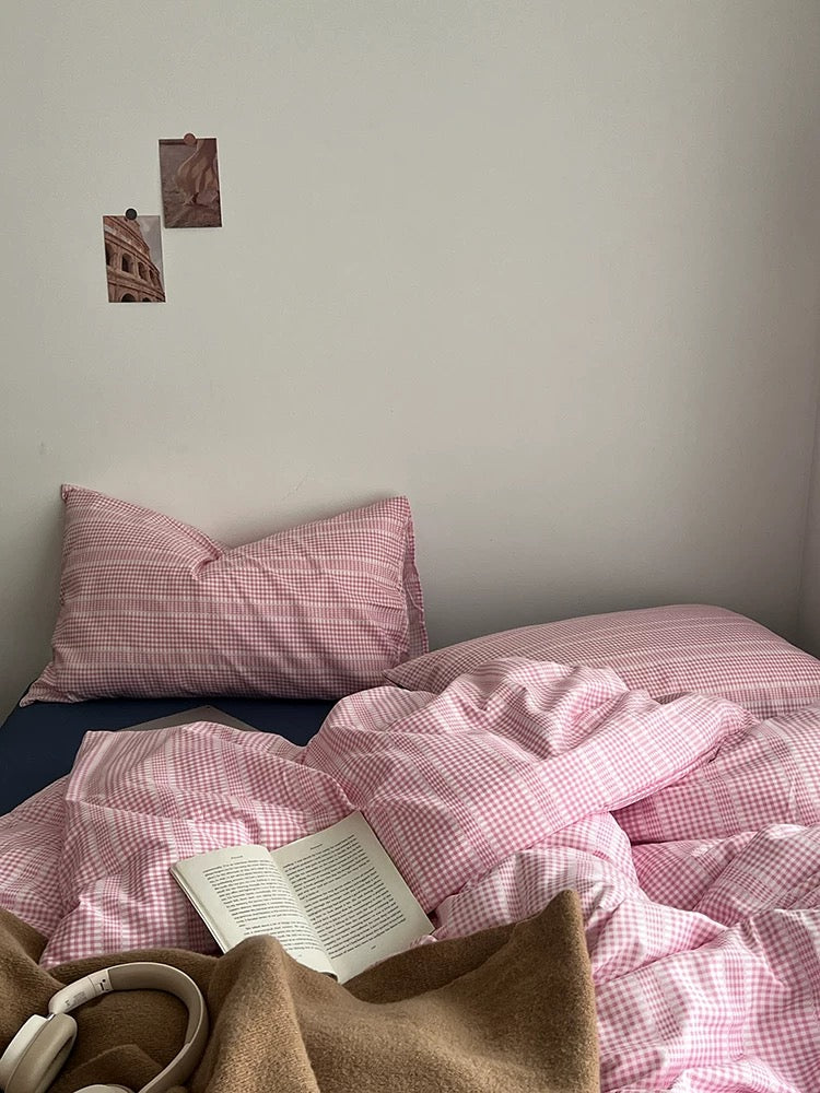 Pink Gingham Aesthetic Duvet Cover Set
