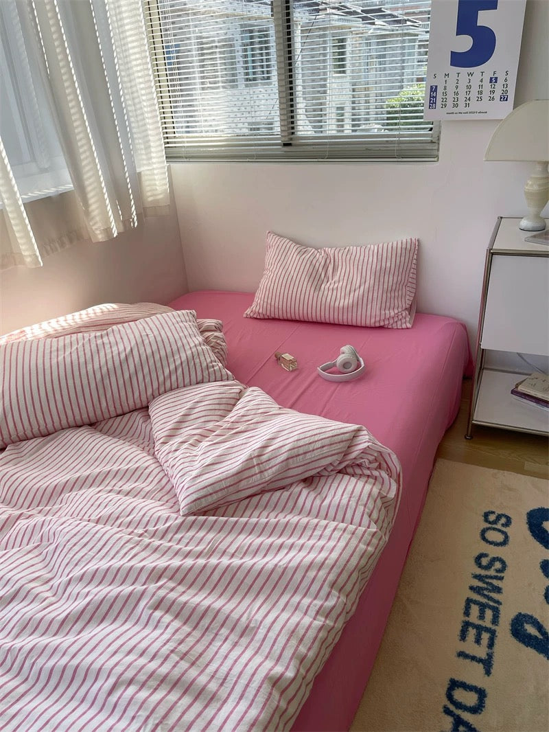 Preppy Aesthetic Pink Striped Duvet Cover Set