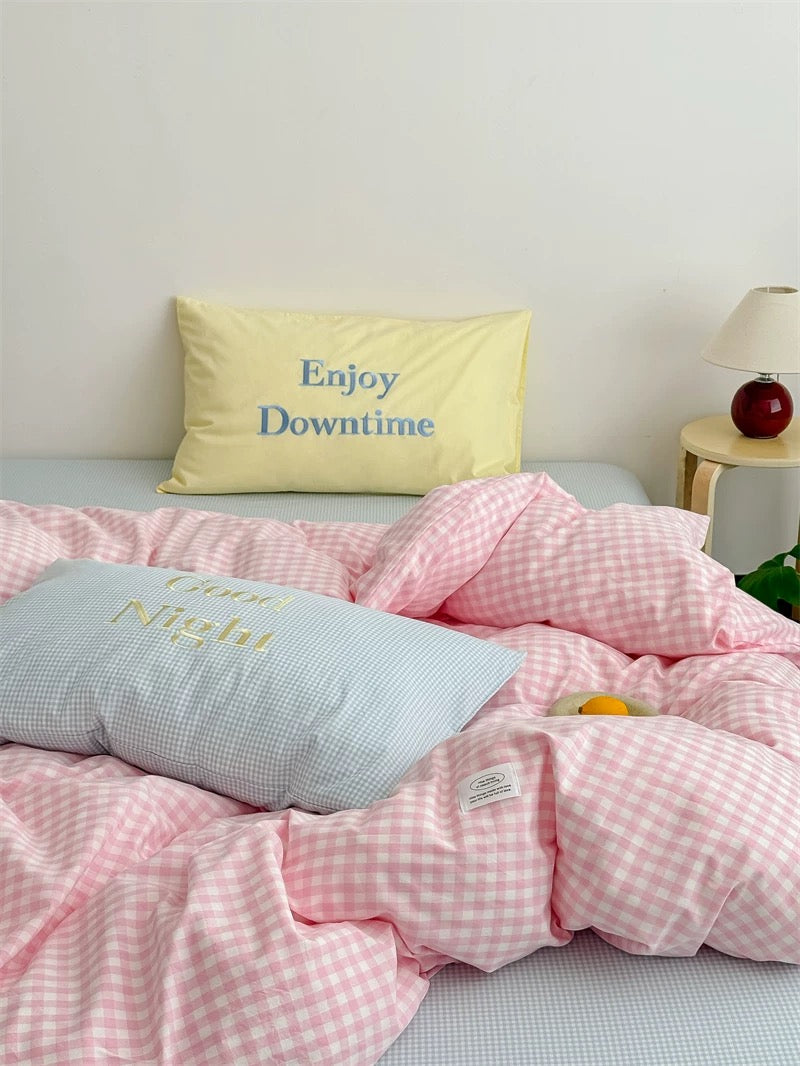 Pastel Creamy Pink Gingham Bedding Set