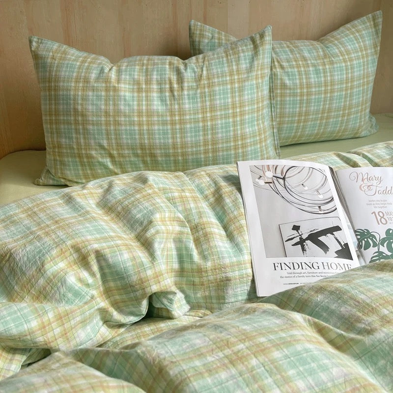 Pastel Green Plaid Cotton Duvet Cover Set