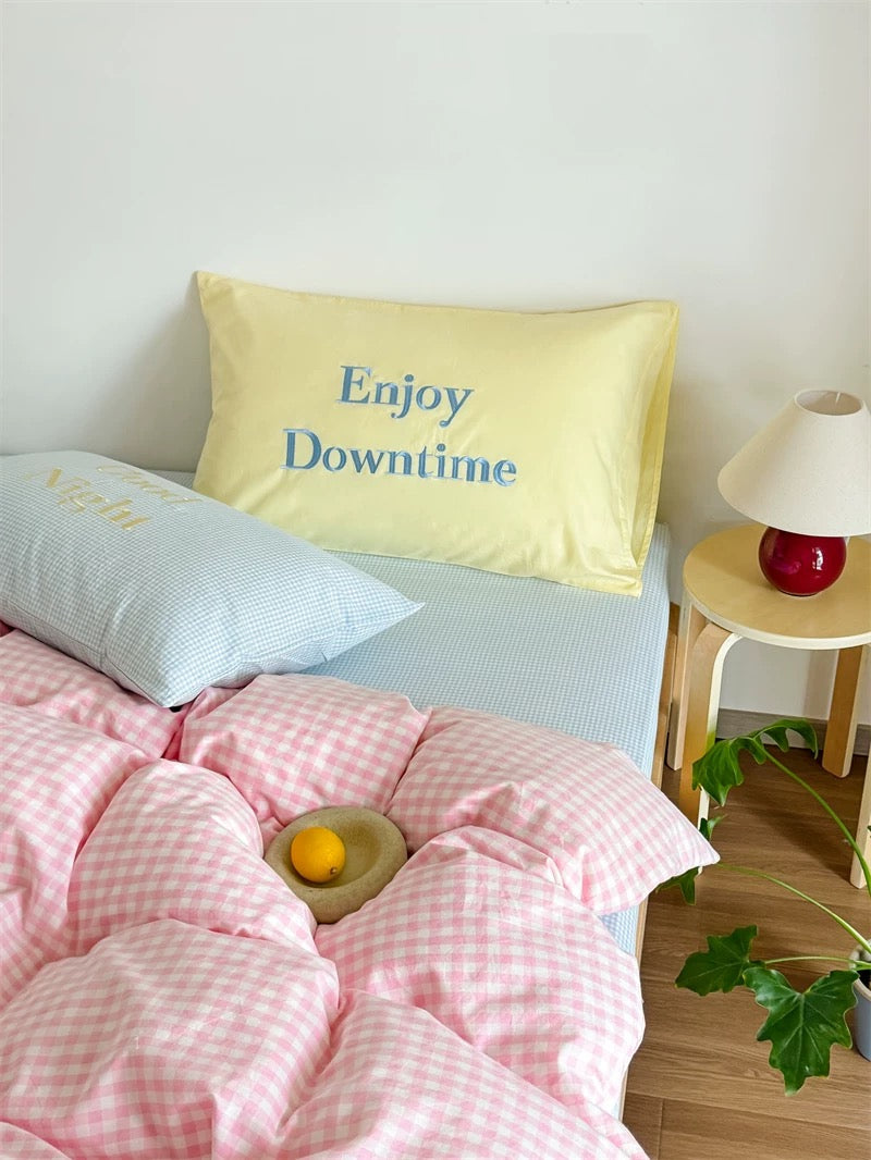 Pastel Creamy Pink Gingham Bedding Set