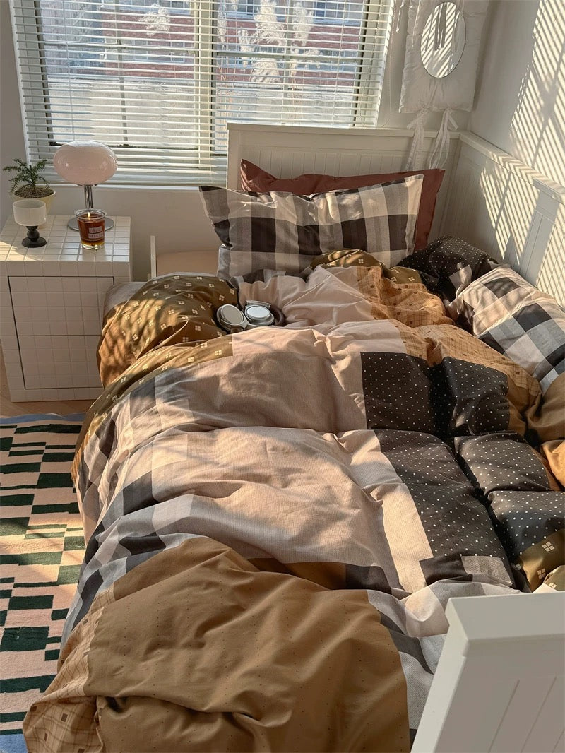 Preppy Brown Patchwork Cotton Bedding Set