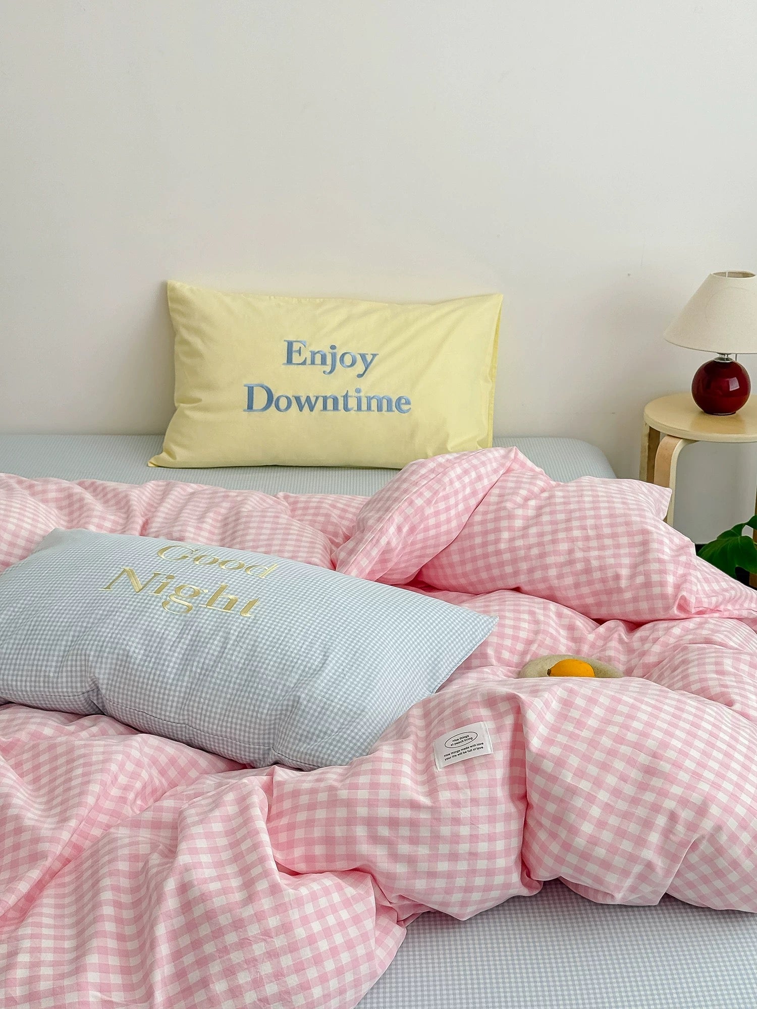 Pastel Creamy Pink Gingham Bedding Set