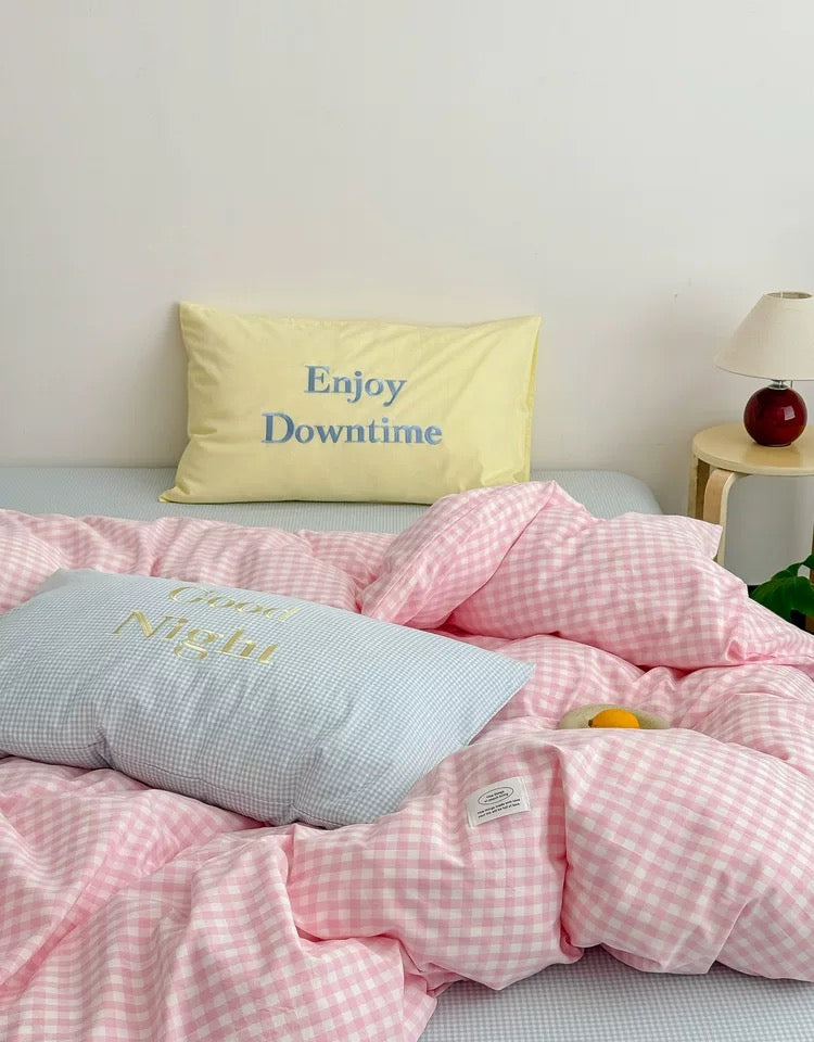 Pastel Creamy Pink Gingham Bedding Set