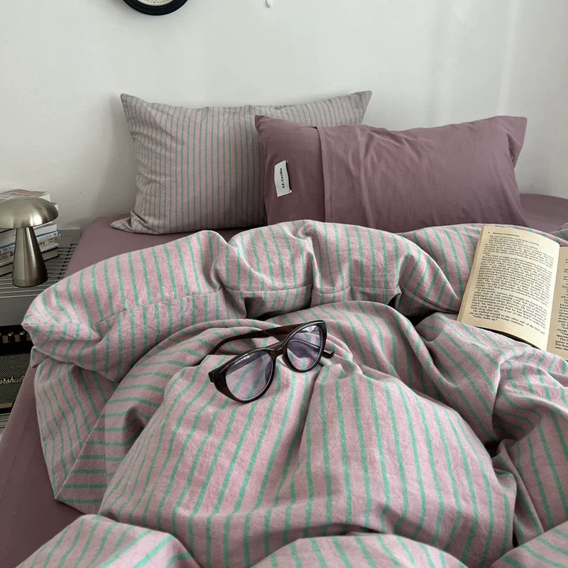 Purple Striped Cotton Duvet Cover Set