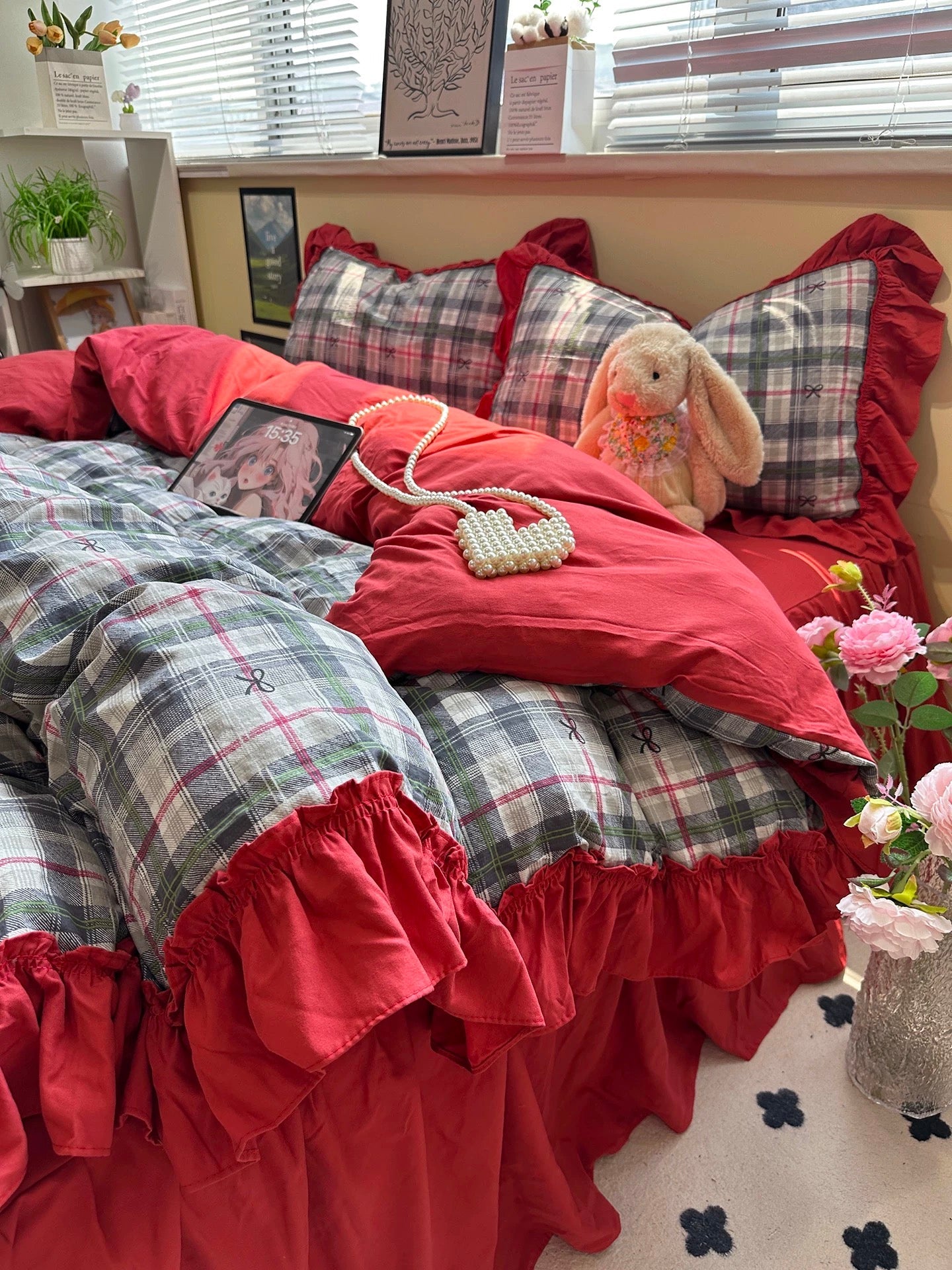 Coquette Red Plaid Ruffle Bedding Set