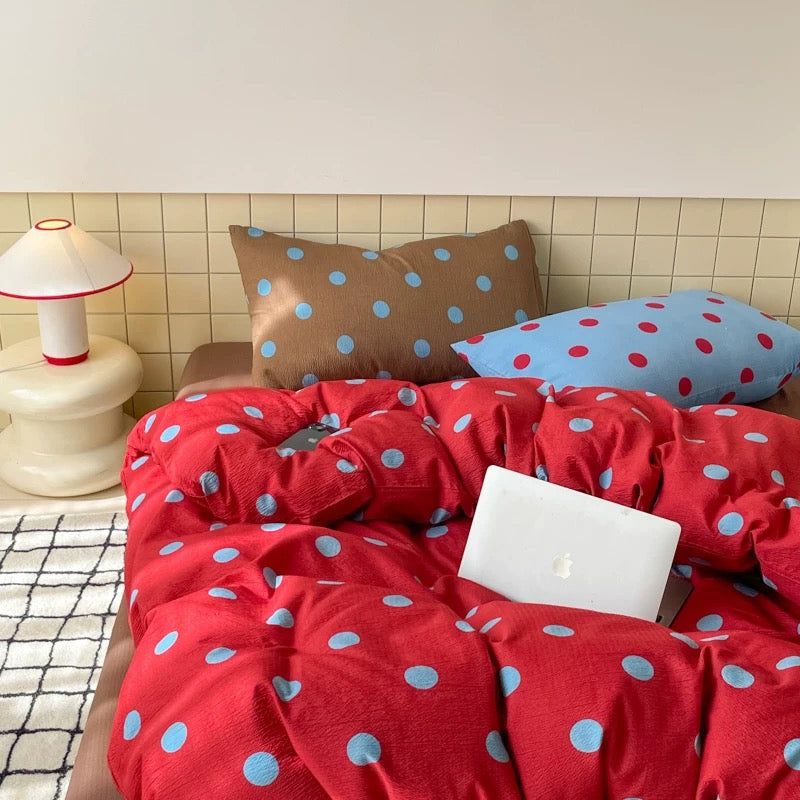 Warm Brown & Blue Polka Dot Bedding Set