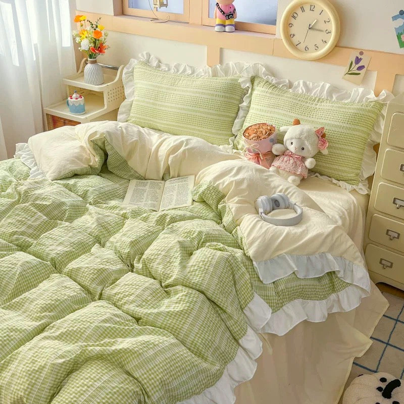 Green & Cream Ruffle Bedding Set