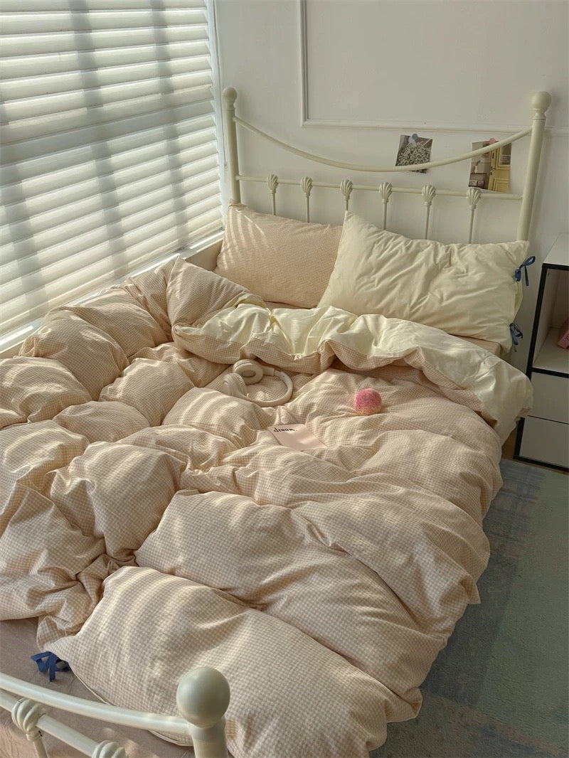 Cream Beige Gingham Duvet Cover Set
