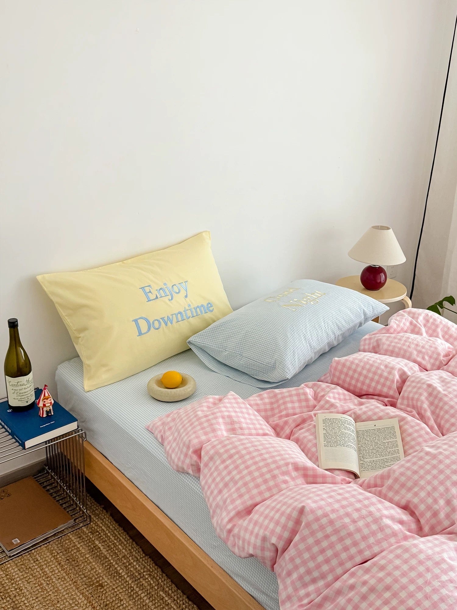 Pastel Creamy Pink Gingham Bedding Set
