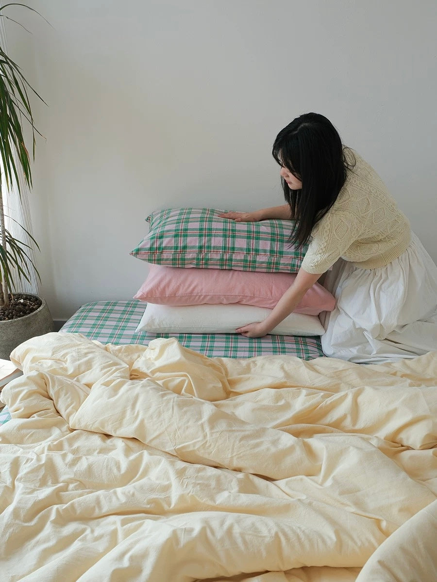 Pink & Mint Green Plaid Duvet Cover Set
